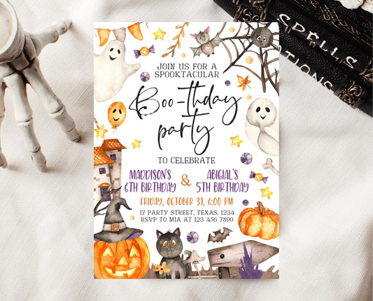 Editable Halloween Joint Birthday Invitation, Spooky Halloween Twin Birthday Party Invite, Halloween Brother And Sister Birthday Invitation