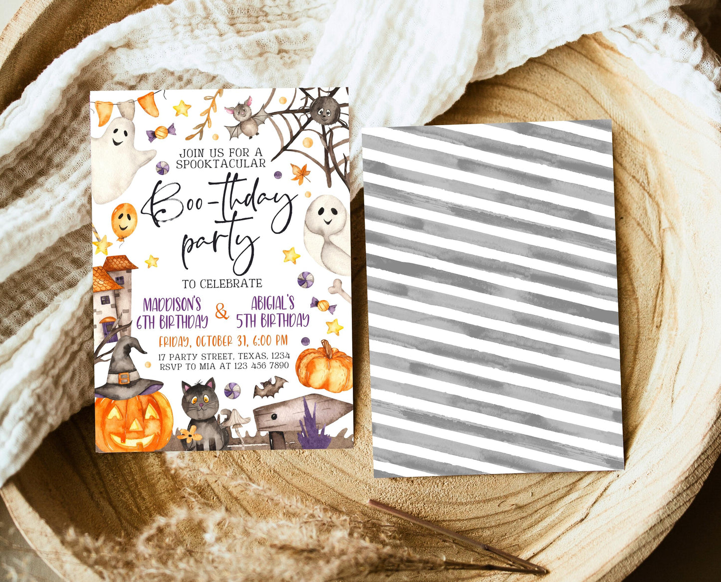 Editable Halloween Joint Birthday Invitation, Spooky Halloween Twin Birthday Party Invite, Halloween Brother And Sister Birthday Invitation