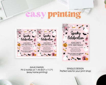 Editable Pink Halloween Birthday Invitation, Halloween Costume Party Invitation, Spooky Kids Invite, Pink Halloween Invitation Template