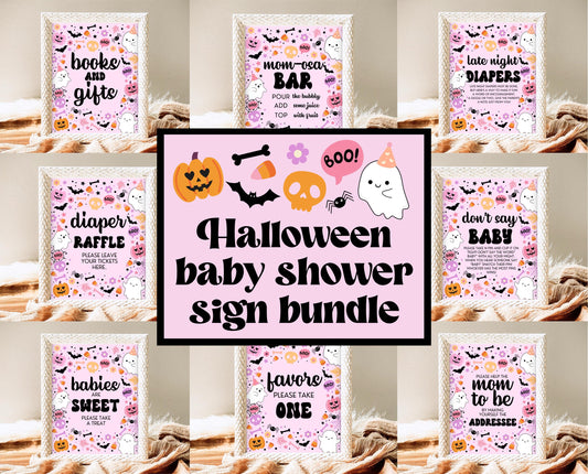 Editable A Little Boo Is Almost Due Halloween Baby Shower Sign Bundle, Halloween Baby Shower Sign Set, Printable Pink Halloween Sign, HBSC07
