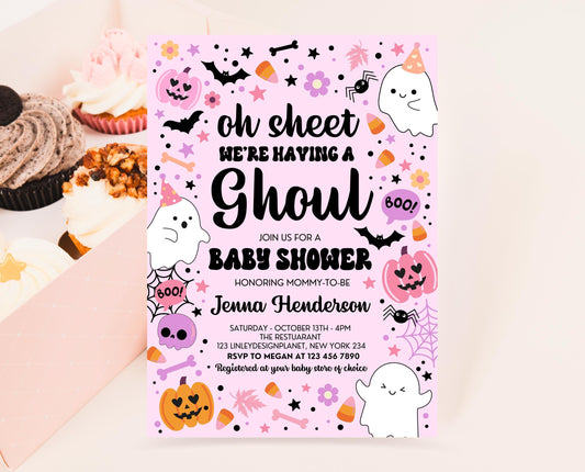 Editable Pink Halloween Baby Shower Invitation, Oh Sheet We're Having A Ghoul Baby Shower Invitation, Halloween Baby Shower Template, HBSC07