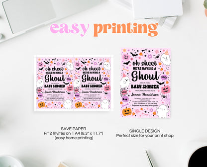 Editable Pink Halloween Baby Shower Invitation, Oh Sheet We're Having A Ghoul Baby Shower Invitation, Halloween Baby Shower Template, HBSC07