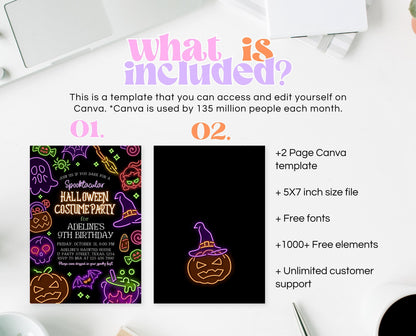 Editable Neon Halloween Party Invitation, Spooky Halloween Party Invite, Printable Neon Halloween Birthday Invite, Neon Halloween, NHBP02