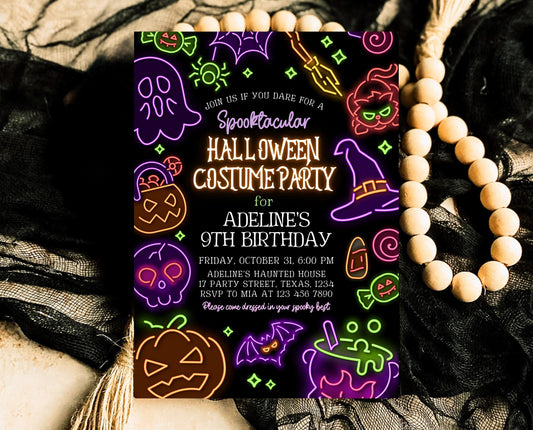 Editable Neon Halloween Party Invitation, Spooky Halloween Party Invite, Printable Neon Halloween Birthday Invite, Neon Halloween, NHBP02