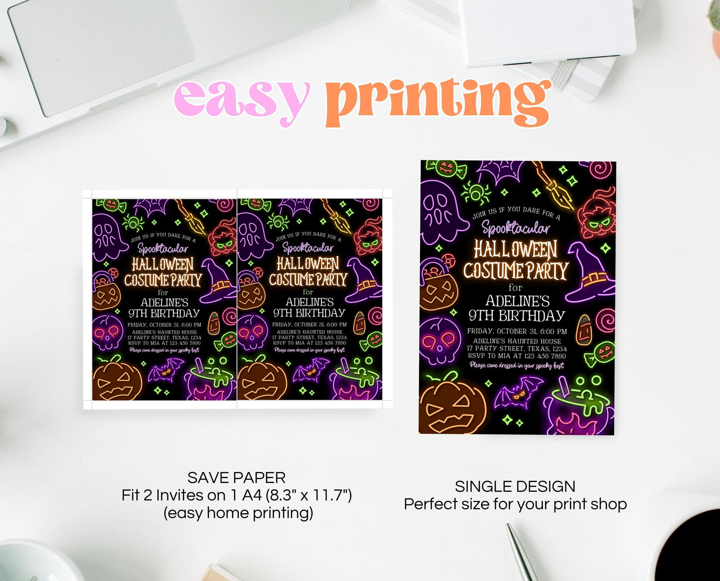 Editable Neon Halloween Party Invitation, Spooky Halloween Party Invite, Printable Neon Halloween Birthday Invite, Neon Halloween, NHBP02