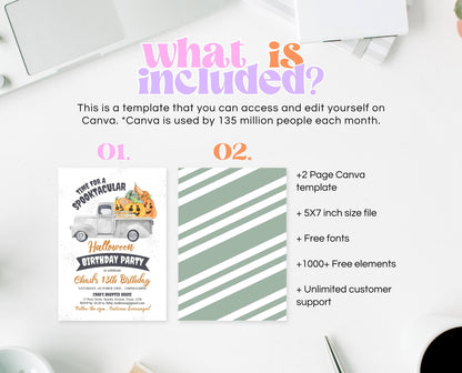 Editable Halloween Pumpkin Truck Birthday Invitation, Halloween Party Invitation, Spooky Kids Invite, Pumpkin Halloween Invitation Template
