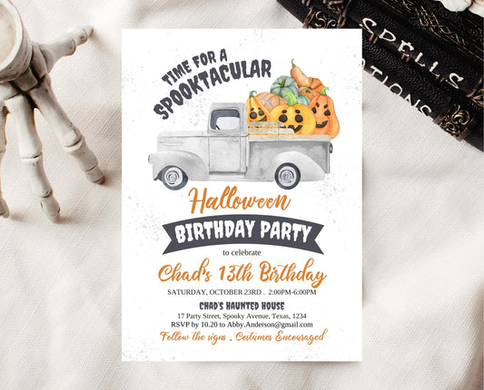 Editable Halloween Pumpkin Truck Birthday Invitation, Halloween Party Invitation, Spooky Kids Invite, Pumpkin Halloween Invitation Template