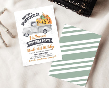 Editable Halloween Pumpkin Truck Birthday Invitation, Halloween Party Invitation, Spooky Kids Invite, Pumpkin Halloween Invitation Template