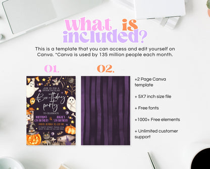 Editable Halloween Joint Birthday Invitation, Spooky Halloween Twin Birthday Party Invite, Halloween Brother And Sister Birthday Invitation