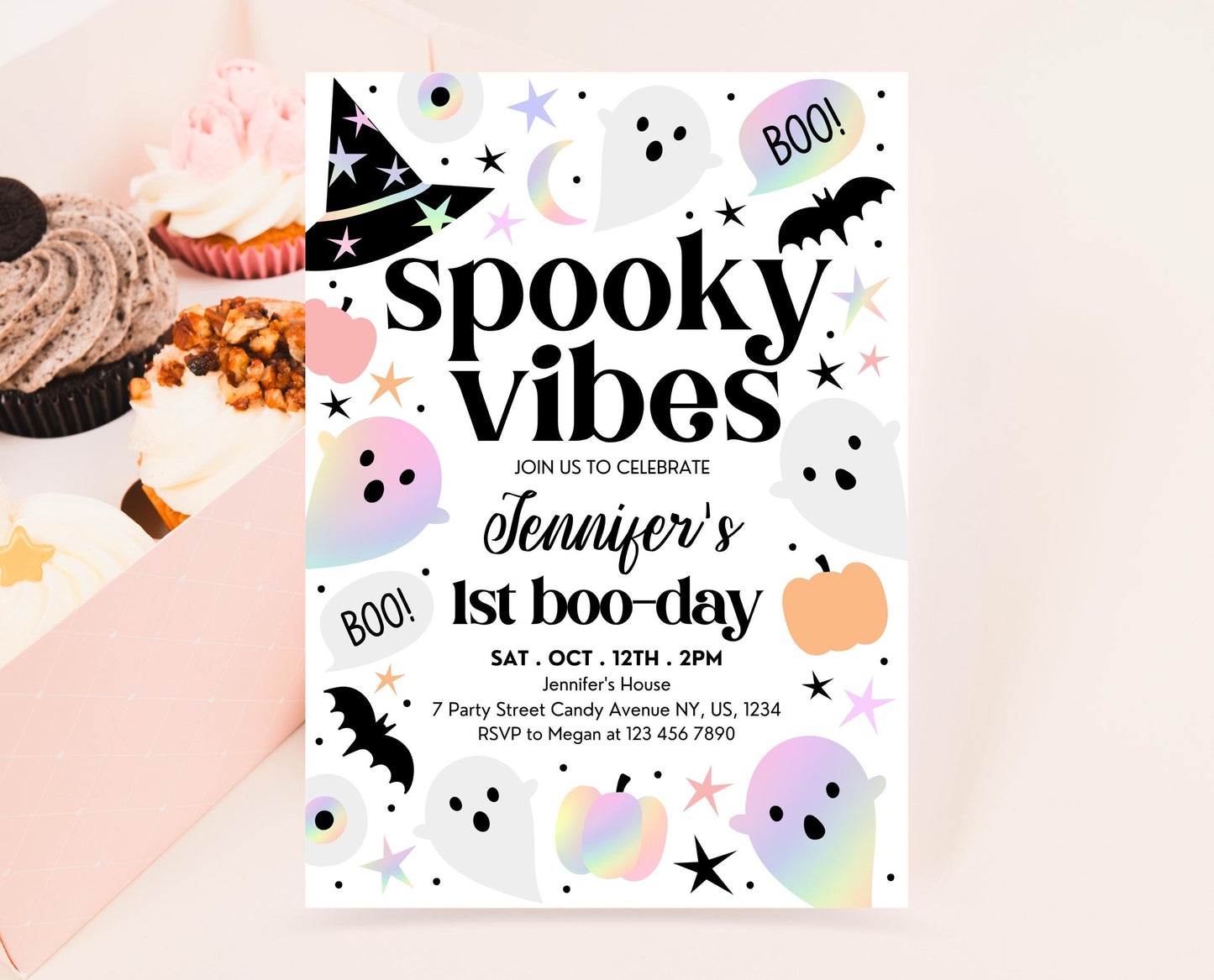Editable Pastel Halloween Birthday Invitation, Holographic Halloween Invitation, Spooky Invitation, Halloween Template, Printable, PHBP02