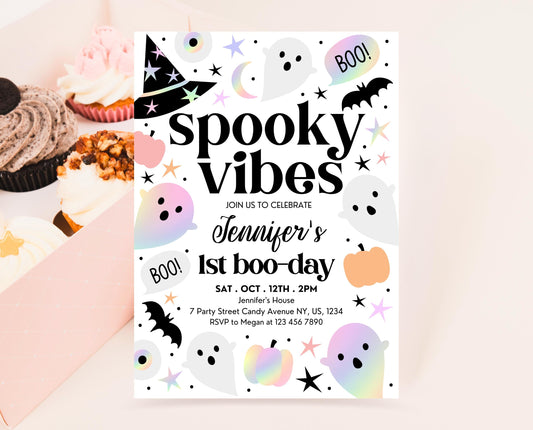 Editable Pastel Halloween Birthday Invitation, Holographic Halloween Invitation, Spooky Invitation, Halloween Template, Printable, PHBP02