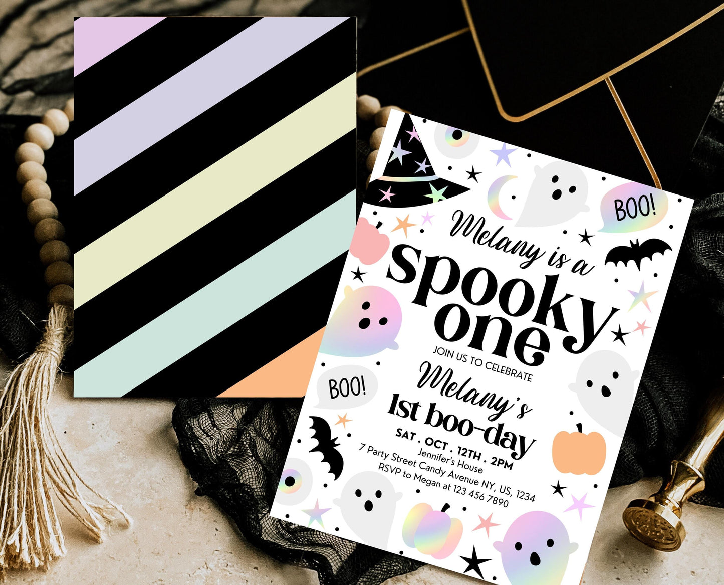 Editable Pastel Halloween First Birthday Invitation, Holographic Halloween, Spooky One Invitation, Halloween Template, Printable, PHBP02