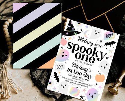 Editable Pastel Halloween First Birthday Invitation, Holographic Halloween, Spooky One Invitation, Halloween Template, Printable, PHBP02