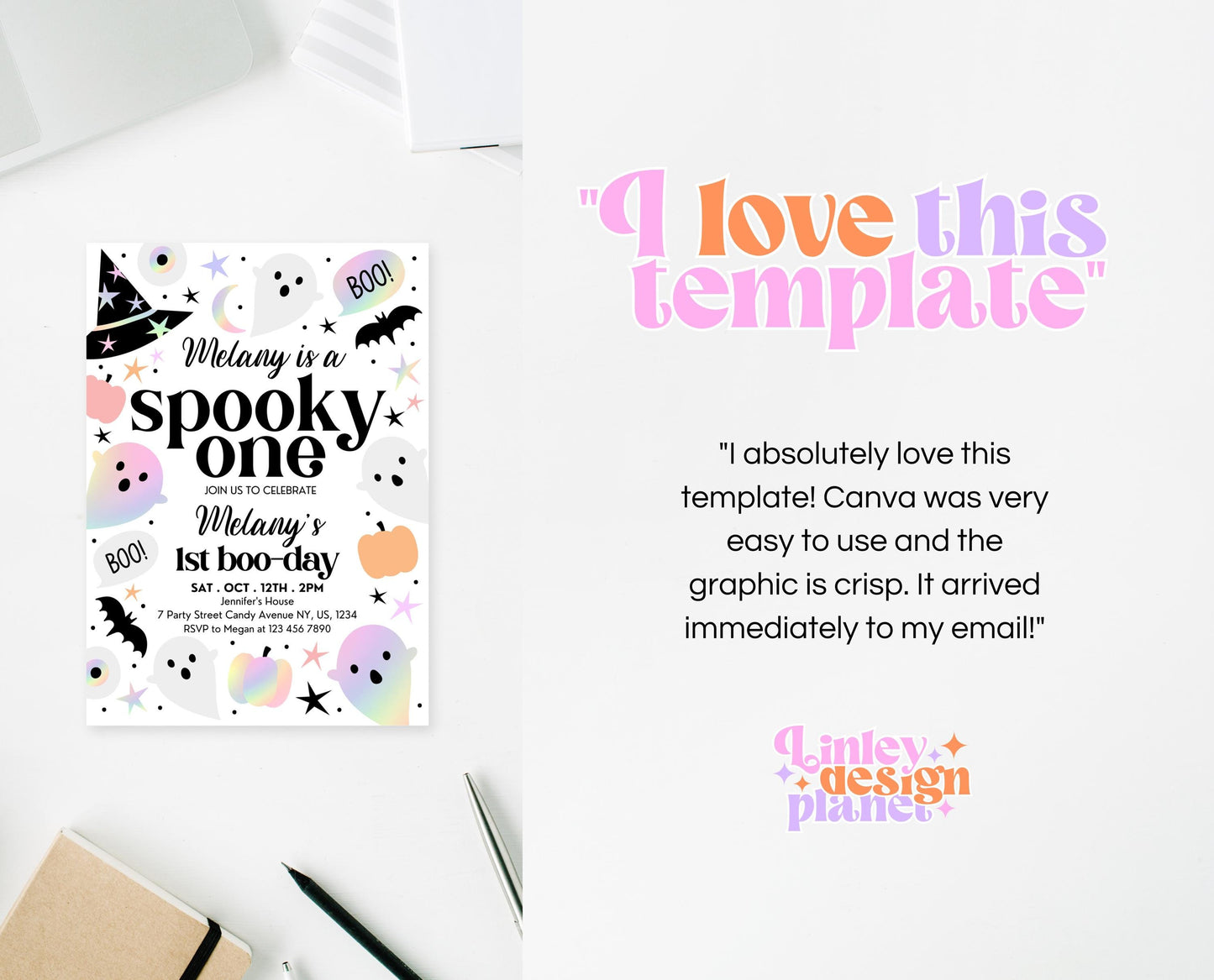Editable Pastel Halloween First Birthday Invitation, Holographic Halloween, Spooky One Invitation, Halloween Template, Printable, PHBP02