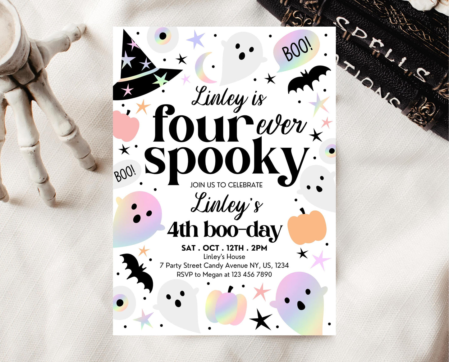 Editable Pastel Halloween Fourth Birthday Invitation, Holographic Halloween, Four Ever Spooky Invite, Halloween Template, Printable, PHBP02