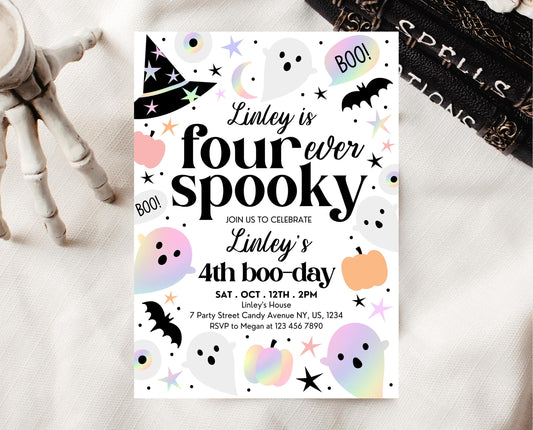 Editable Pastel Halloween Fourth Birthday Invitation, Holographic Halloween, Four Ever Spooky Invite, Halloween Template, Printable, PHBP02