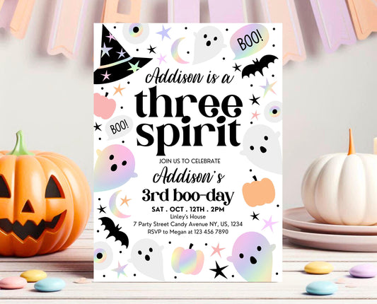 Editable Pastel Halloween Third Birthday Invitation, Holographic Halloween, Girl Three Spirit Invite, Halloween Template, Printable, PHBP02