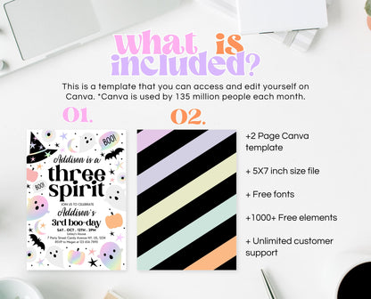 Editable Pastel Halloween Third Birthday Invitation, Holographic Halloween, Girl Three Spirit Invite, Halloween Template, Printable, PHBP02