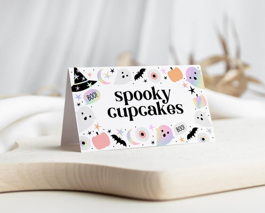 Editable Pastel Halloween Birthday Food Label, Holographic Halloween Tent Cards, Spooky Pink Labels, Halloween Template, Printable, PHBP02