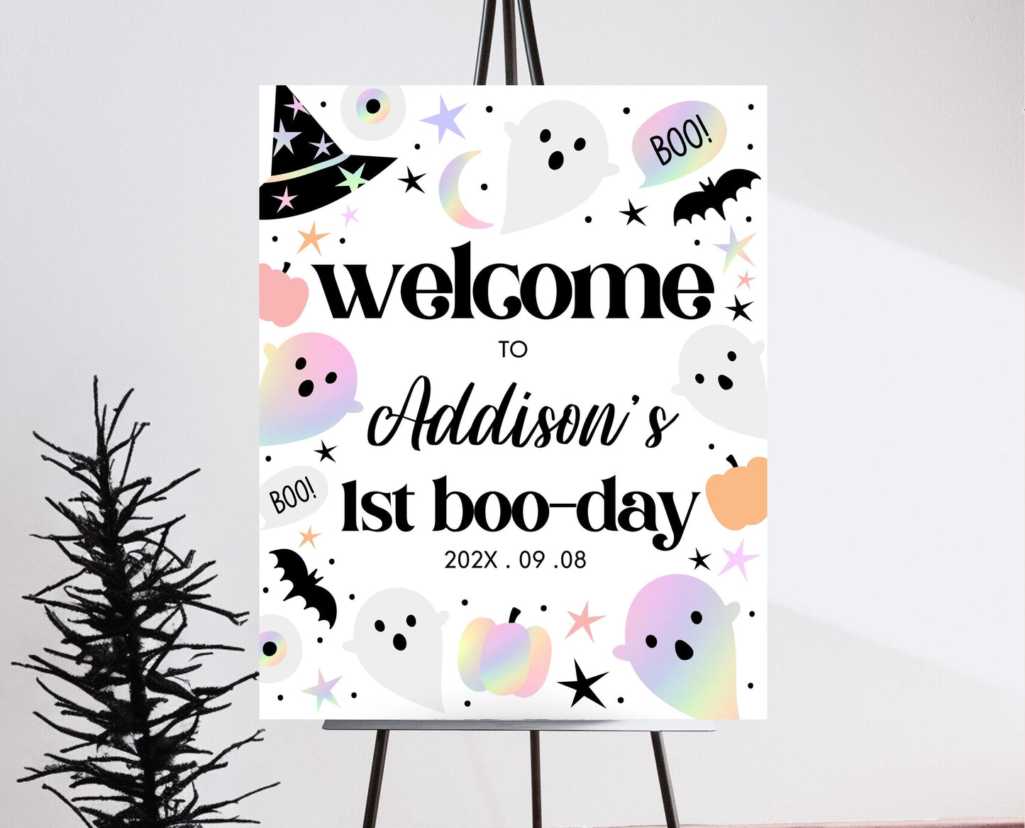 Editable Pastel Halloween Birthday Welcome Sign, Holographic Halloween Sign, Spooky Welcome Poster, Halloween Template, Printable, PHBP02