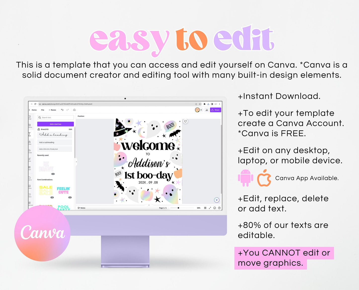 Editable Pastel Halloween Birthday Welcome Sign, Holographic Halloween Sign, Spooky Welcome Poster, Halloween Template, Printable, PHBP02