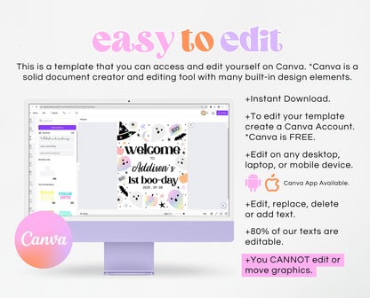 Editable Pastel Halloween Birthday Welcome Sign, Holographic Halloween Sign, Spooky Welcome Poster, Halloween Template, Printable, PHBP02