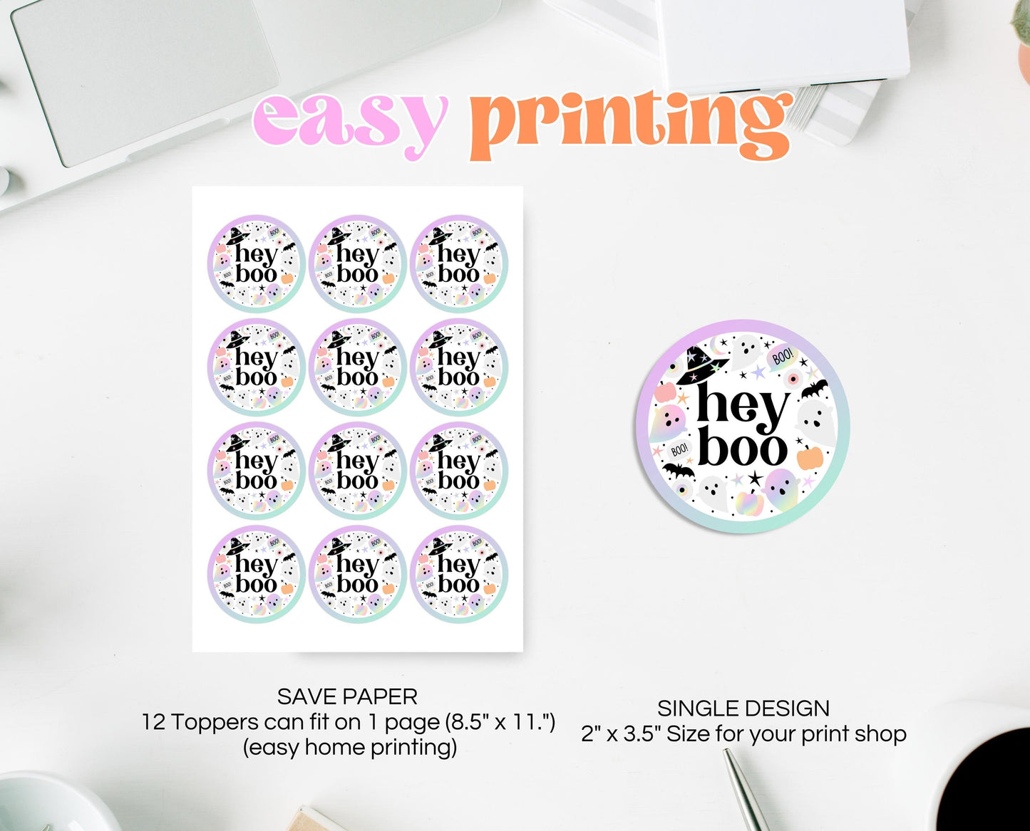 Editable Pastel Halloween Birthday Cupcake Toppers, Holographic Halloween Cake Toppers, Pastel Halloween, Template, Printable, PHBP02
