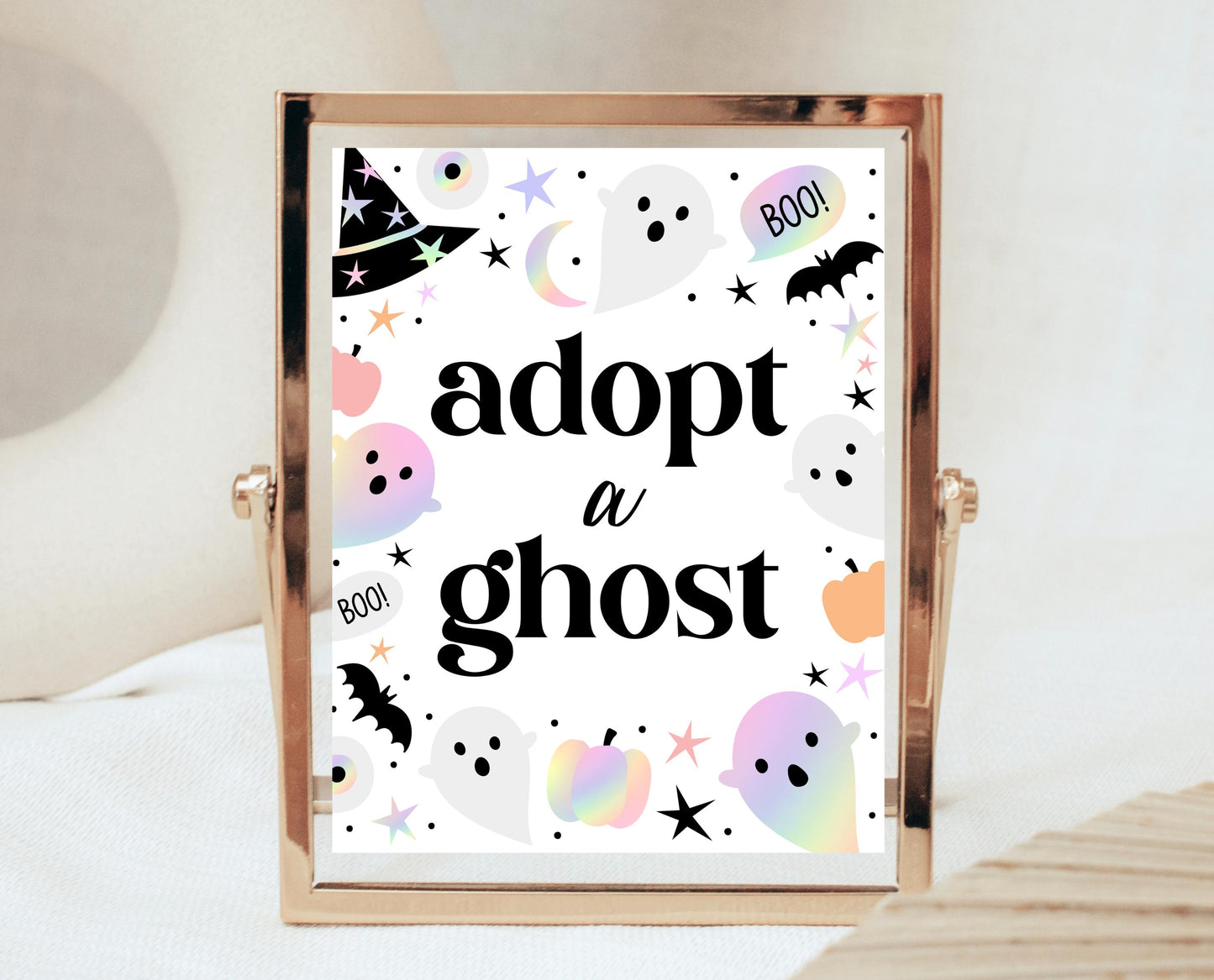 Adopt A Ghost Sign Pastel Halloween Birthday, Holographic Halloween Sign, Spooky Sign, Pink And Purple Halloween Decor, Printable, PHBP02