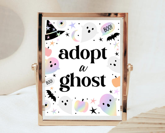 Adopt A Ghost Sign Pastel Halloween Birthday, Holographic Halloween Sign, Spooky Sign, Pink And Purple Halloween Decor, Printable, PHBP02