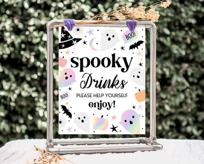 Spooky Drinks Sign Pastel Halloween Birthday, Holographic Halloween Sign, Spooky Sign, Pink And Purple Halloween Decor, Printable, PHBP02