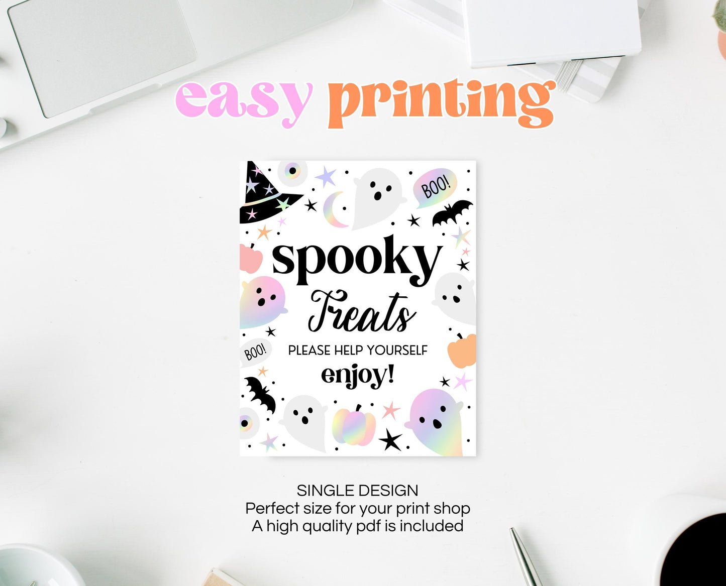 Spooky Treats Sign Pastel Halloween Birthday, Holographic Halloween Sign, Spooky Sign, Pink And Purple Halloween Decor, Printable, PHBP02