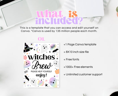 Witches Brew Sign Pastel Halloween Birthday, Holographic Halloween Sign, Drinks Sign, Pink And Purple Halloween Decor, Printable, PHBP02