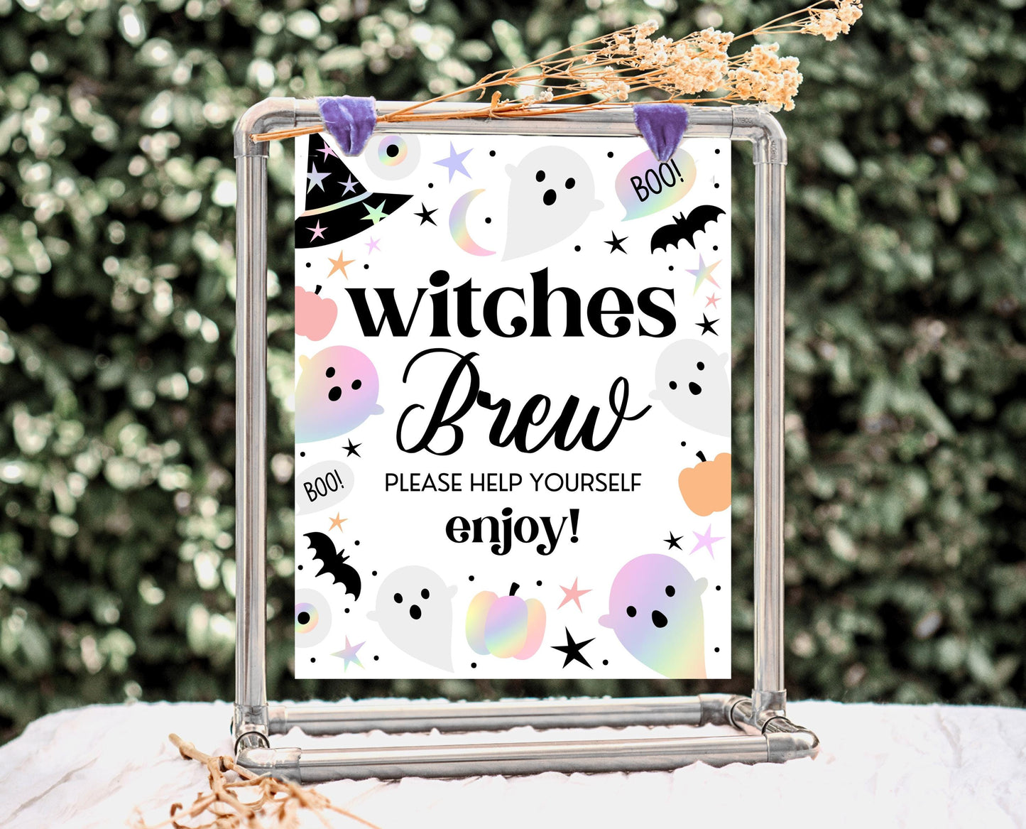 Witches Brew Sign Pastel Halloween Birthday, Holographic Halloween Sign, Drinks Sign, Pink And Purple Halloween Decor, Printable, PHBP02