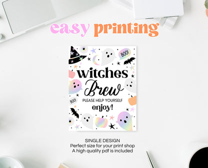 Witches Brew Sign Pastel Halloween Birthday, Holographic Halloween Sign, Drinks Sign, Pink And Purple Halloween Decor, Printable, PHBP02