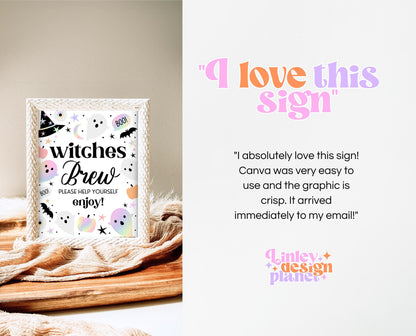 Witches Brew Sign Pastel Halloween Birthday, Holographic Halloween Sign, Drinks Sign, Pink And Purple Halloween Decor, Printable, PHBP02