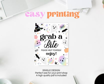 Grab A Bite Sign Pastel Halloween Birthday, Holographic Halloween Sign, Food Sign, Pink And Purple Halloween Decor, Printable, PHBP02
