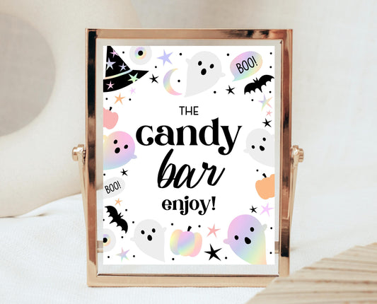 Candy Bar Sign Pastel Halloween Birthday, Holographic Halloween Sign, Candy Treat Sign, Pink And Purple Halloween Decor, Printable, PHBP02