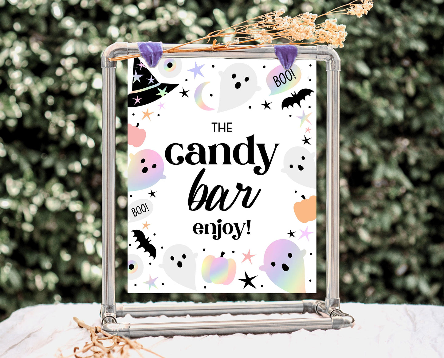 Candy Bar Sign Pastel Halloween Birthday, Holographic Halloween Sign, Candy Treat Sign, Pink And Purple Halloween Decor, Printable, PHBP02