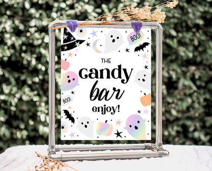 Candy Bar Sign Pastel Halloween Birthday, Holographic Halloween Sign, Candy Treat Sign, Pink And Purple Halloween Decor, Printable, PHBP02