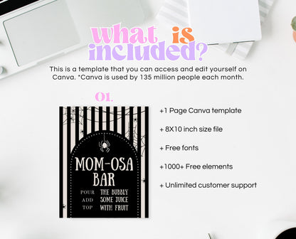 Mom-osa Sign Halloween Baby Shower, Halloween Baby Shower Mimosa Sign, Printable Halloween Sign, Spider Baby Shower Sign Halloween, HBSC02