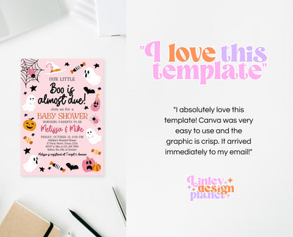 Editable Pink Halloween Baby Shower Invitation, A Little Boo Is Almost Due Baby Shower Invitation, Halloween Baby Shower Template