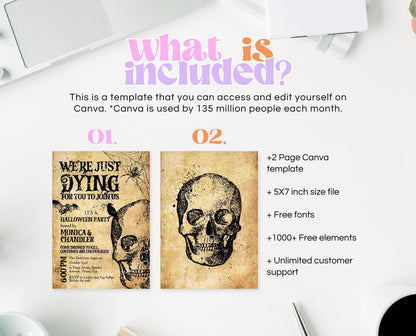 Editable Vintage Skull Halloween Party Invitation, Skull Halloween Party, Printable Halloween Birthday Invite, Vintage Halloween Invite