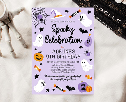 Editable Purple Halloween Birthday Invitation, Halloween Costume Party Invitation, Spooky Kids Invite, Purple Halloween Invitation Template