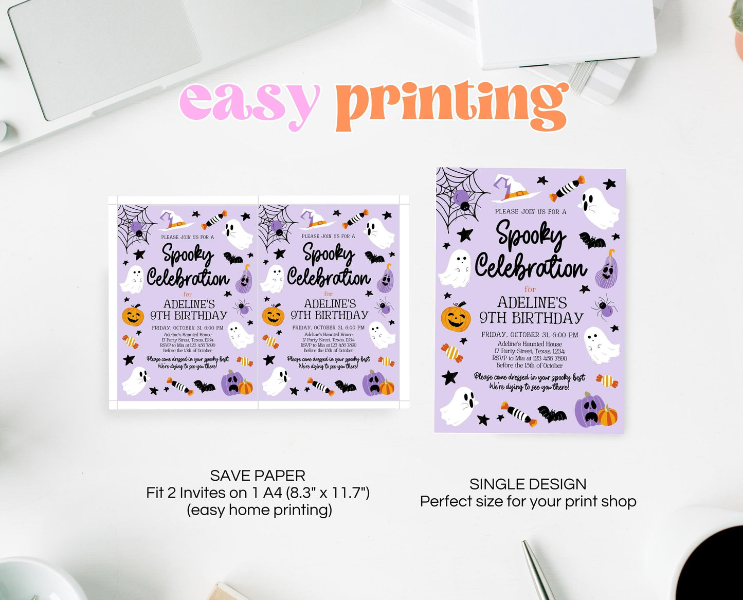 Editable Purple Halloween Birthday Invitation, Halloween Costume Party Invitation, Spooky Kids Invite, Purple Halloween Invitation Template