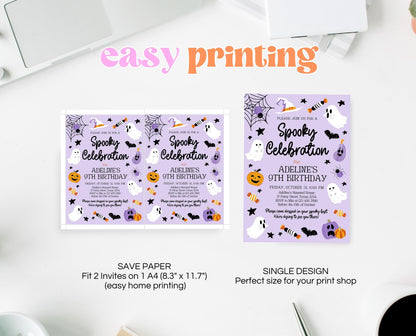 Editable Purple Halloween Birthday Invitation, Halloween Costume Party Invitation, Spooky Kids Invite, Purple Halloween Invitation Template