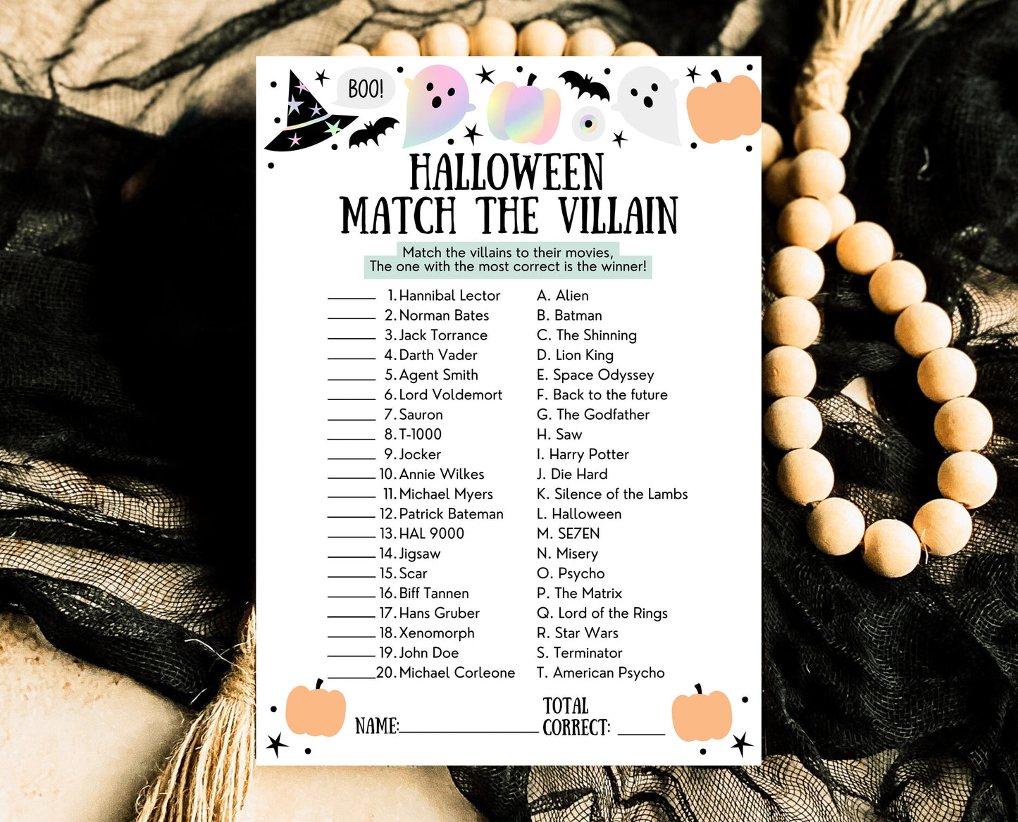 Halloween Movie Villain Match Up Game, Halloween Printable Game, Halloween Trivia, Scary Movie Trivia, Halloween Party Quiz, Printable