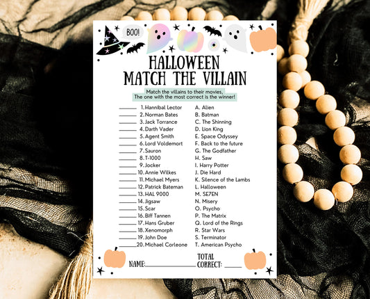 Halloween Movie Villain Match Up Game, Halloween Printable Game, Halloween Trivia, Scary Movie Trivia, Halloween Party Quiz, Printable
