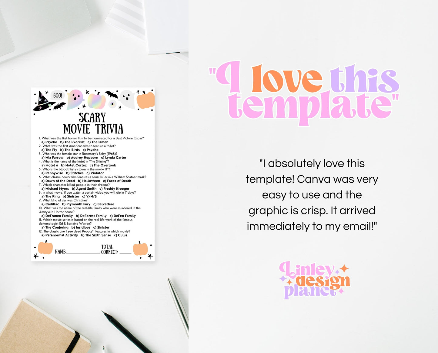 Halloween Scary Movie Trivia Game Template, Halloween Trivia, Halloween Party Game, Halloween Fun Games, Halloween Family Party Game