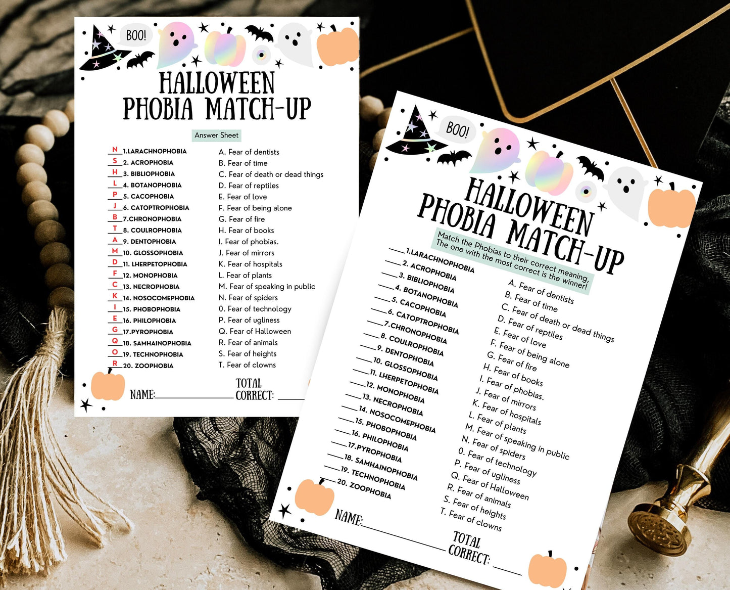 Halloween Phobia Match-Up Game Template, Halloween Trivia, Halloween Party Game, Halloween Fun Games, Halloween Family Party Game