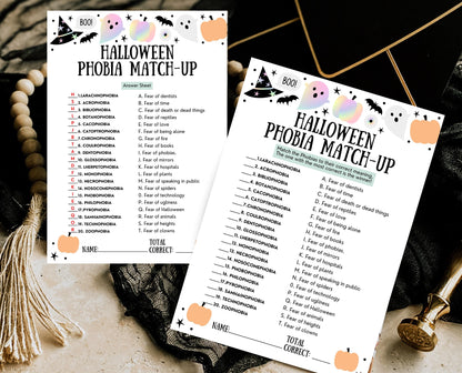 Halloween Phobia Match-Up Game Template, Halloween Trivia, Halloween Party Game, Halloween Fun Games, Halloween Family Party Game
